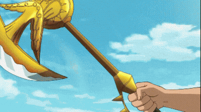 Pixel Art Person Holding Golden Axe With Wings GIF