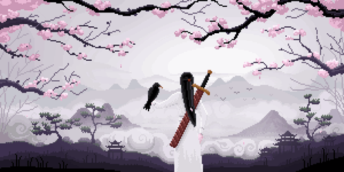 Pixel Art Person Holding Sword And Bird GIF