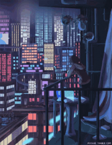 Pixel Art Person Looking Over City GIF