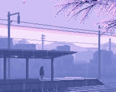 Pixel Art Person On Dock With Cherry Blossoms GIF