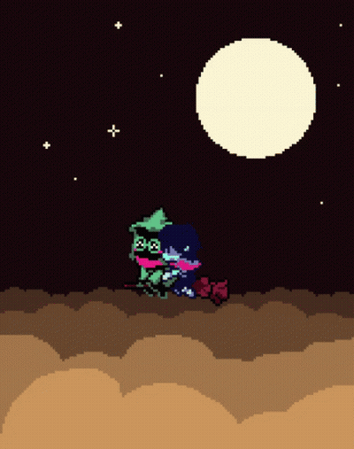 Pixel Art Person Riding Broom Under Full Moon GIF