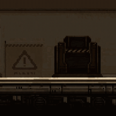 Pixel Art Person Standing Before Warning Sign GIF