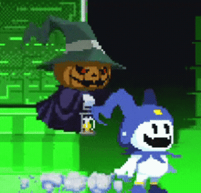 Pixel Art Pumpkin Holding Lantern Next To Cartoon Character GIF
