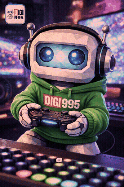 Pixel Art Robot Wearing Headphones And Digi 995 Sweatshirt GIF