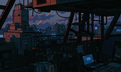 Pixel Art Room With Laptop And City Background GIF