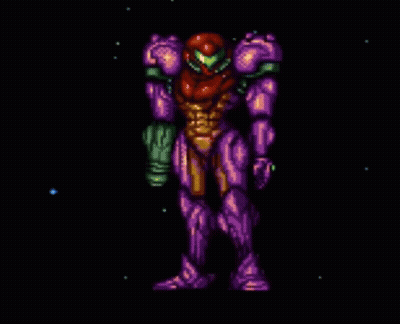 Pixel Art Samus In Purple Suit Holding Gun GIF