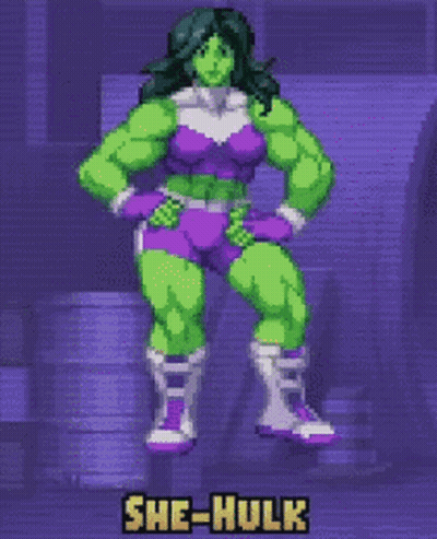 Pixel Art She-Hulk In Purple Outfit Next To Ready Sign GIF