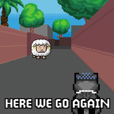 Pixel Art Sheep And Cat Saying Here We Go Again GIF