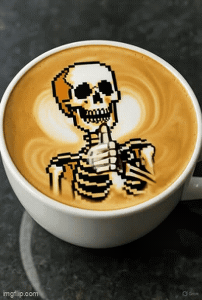 Pixel Art Skeleton Giving Thumbs Up With Coffee GIF