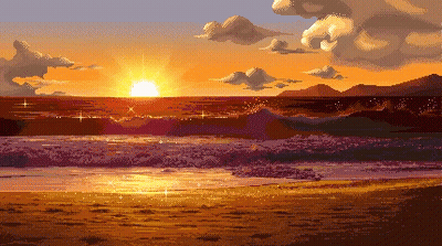 Pixel Art Sunset Over Ocean With Mountains GIF