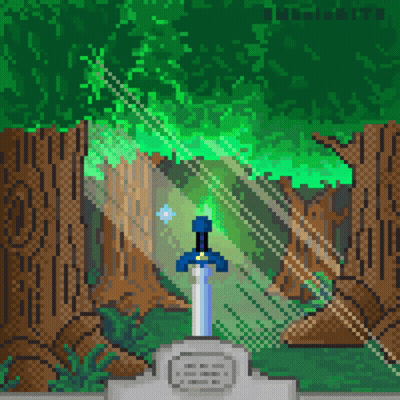 Pixel Art Sword Surrounded By Trees And Blue Star GIF