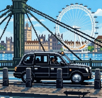Pixel Art Taxi Driving Over Bridge GIF