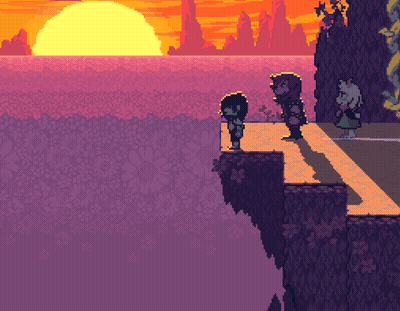 Pixel Art Three People On Cliff At Sunset GIF