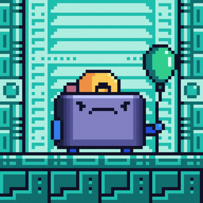 Pixel Art Toaster With Sad Face And Green Balloon GIF