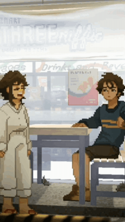 Pixel Art Two People At Table With Drinks Sign GIF