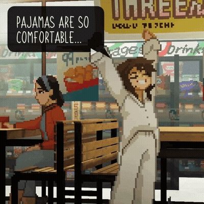 Pixel Art Two Women At Table Pajamas Are So Comfortable GIF