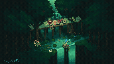 Pixel Art Waterfall With Two People On Dock GIF