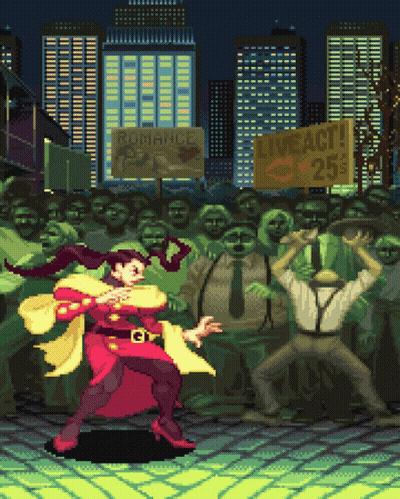 Pixel Art Woman Fighting Man In Front Of Live Act 25 Cents Sign GIF