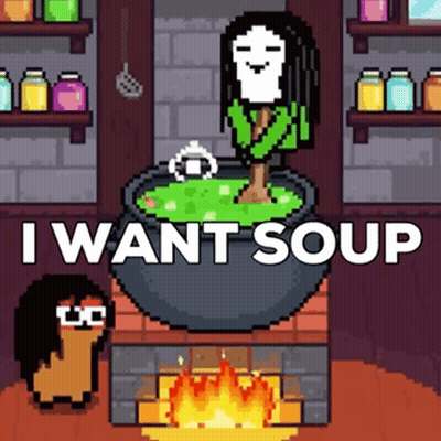 Pixel Art Woman In Cauldron Saying I Want Soup GIF