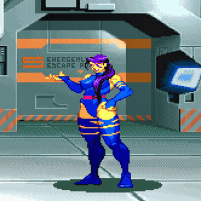 Pixel Art Woman In Front Of Escape Room Sign GIF