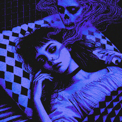 Pixel Art Woman Laying In Bed With Skeleton Coming Out Of Head GIF