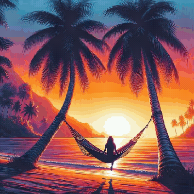 Pixel Art Woman Watching Sunset In Hammock GIF