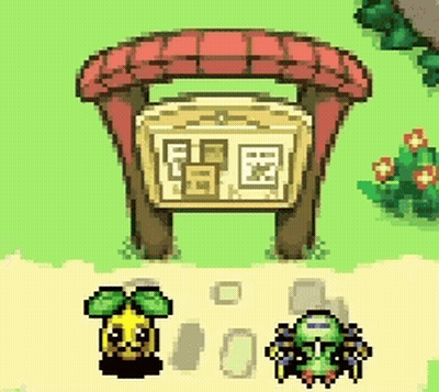 Pixel Art Wooden Sign With Red Roof And Plants GIF