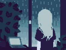 Pixel Girl Raining Outside City Night GIF