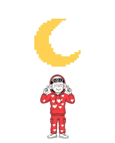 Pixel Monkey In Red Hoodie With Hearts And Moon Sticker