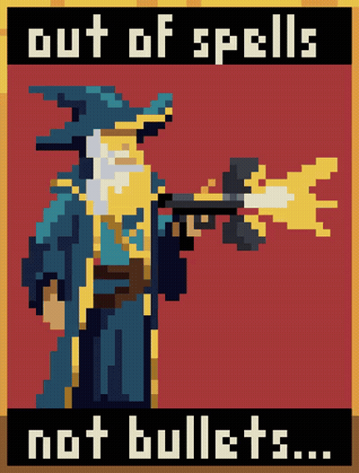 Pixel Wizard Holding Gun Out Of Spells Not Bullets GIF
