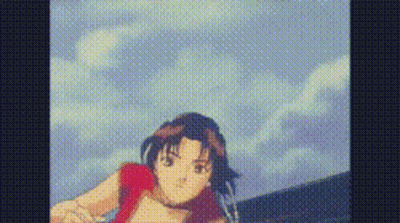 Pixelated Girl In Red Dress Against Blue Sky GIF