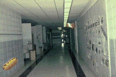 Pixelated Hot Dog Flying Through Hallway GIF