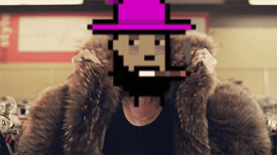 Pixelated Man In Fur Coat And Purple Hat GIF
