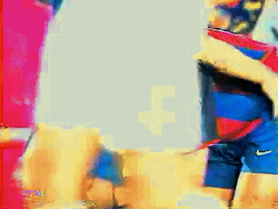 Pixelated Man In Striped Shirt And Shorts GIF