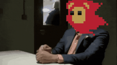 Pixelated Man In Suit With Red Lion On Head GIF