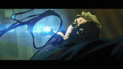 Pixelated Man With Goggles Holding Blue Object GIF