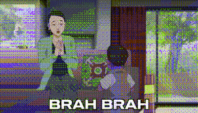 Pixelated Woman Sitting In Living Room Saying Brah Brah GIF