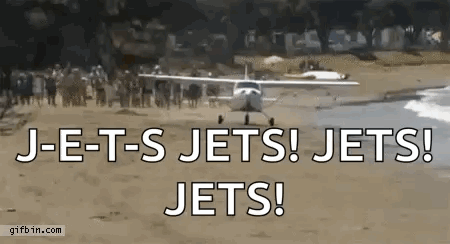 Plane Taking Off From Beach Saying Jets Jets Jets GIF