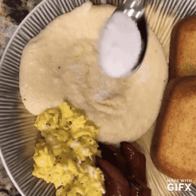Plate Of Cornbread Eggs And Grits GIF