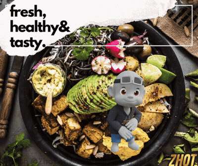 Plate Of Food Saying Fresh Healthy And Tasty GIF