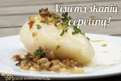 Plate Of Food Saying Visiems Skaniu Cepelinu GIF