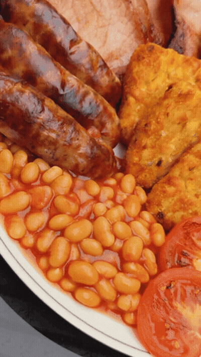 Plate Of Food With Beans And Sausages GIF