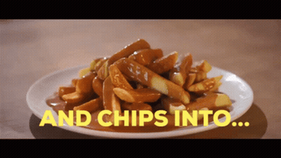 Plate Of Food With Chips And Words GIF