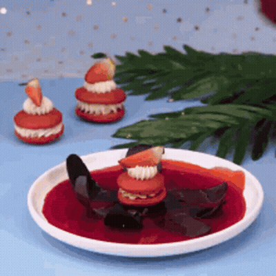 Plate Of Food With Strawberry On Blue Table GIF
