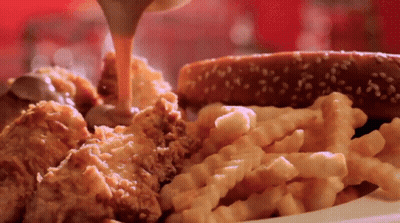Plate Of Fried Chicken, French Fries, And Pretzel GIF