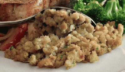 Plate With Stuffing, Broccoli, And Spoon GIF