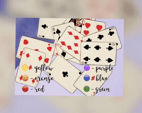 Playing Cards And Envelopes With Yellow Orange Purple Blue GIF