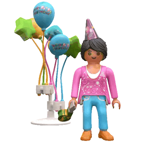 Playmobil Figure Blowing Party Horn And Holding Happy Birthday Balloons Sticker