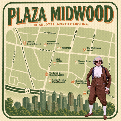 Plaza Midwood Charlotte Map With Man In Brown Suit GIF