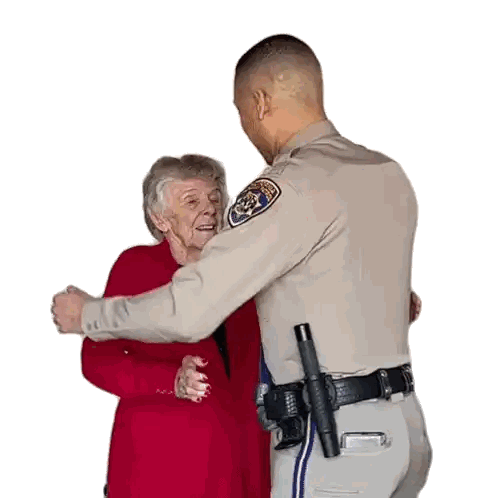 Police Officer Hugging Elderly Woman In Red Sticker